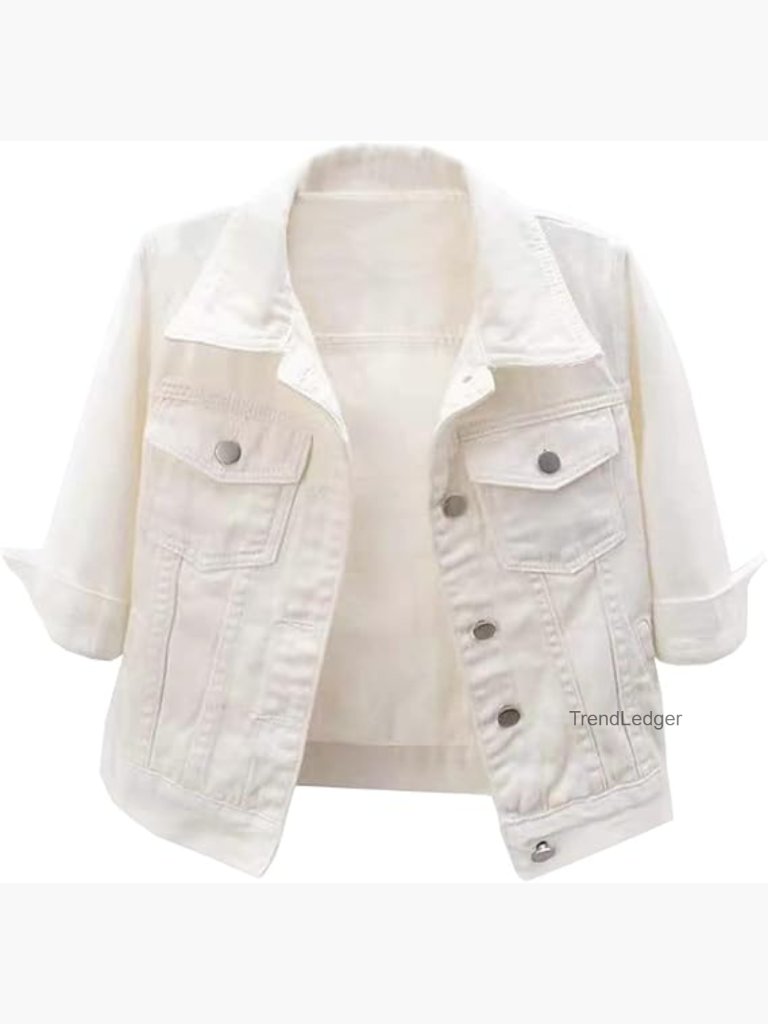 Cropped Denim Jacket 3/4 Sleeve Button Down Trucker Jean Coat
